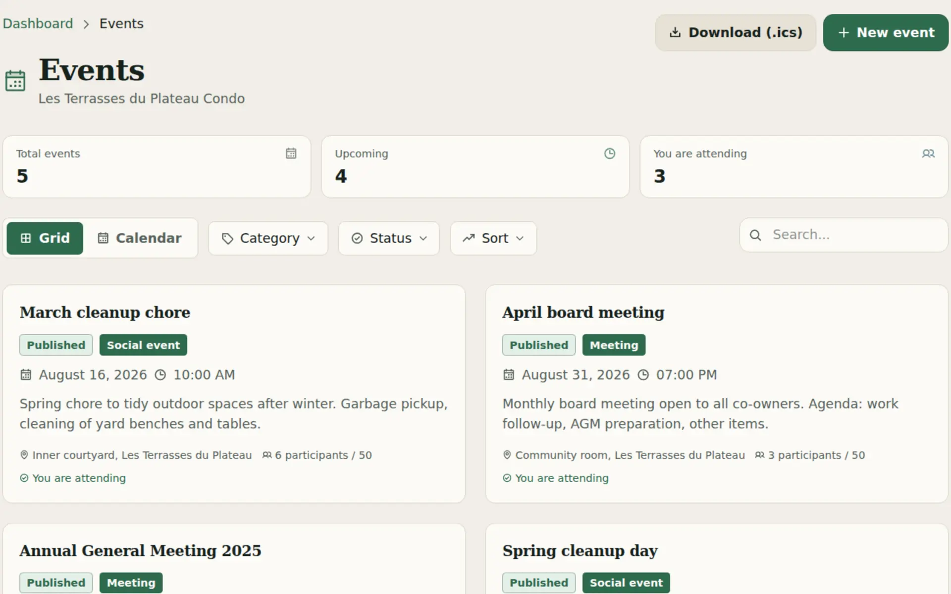 Kohabit unified calendar: events, votes, AGMs, and deadlines