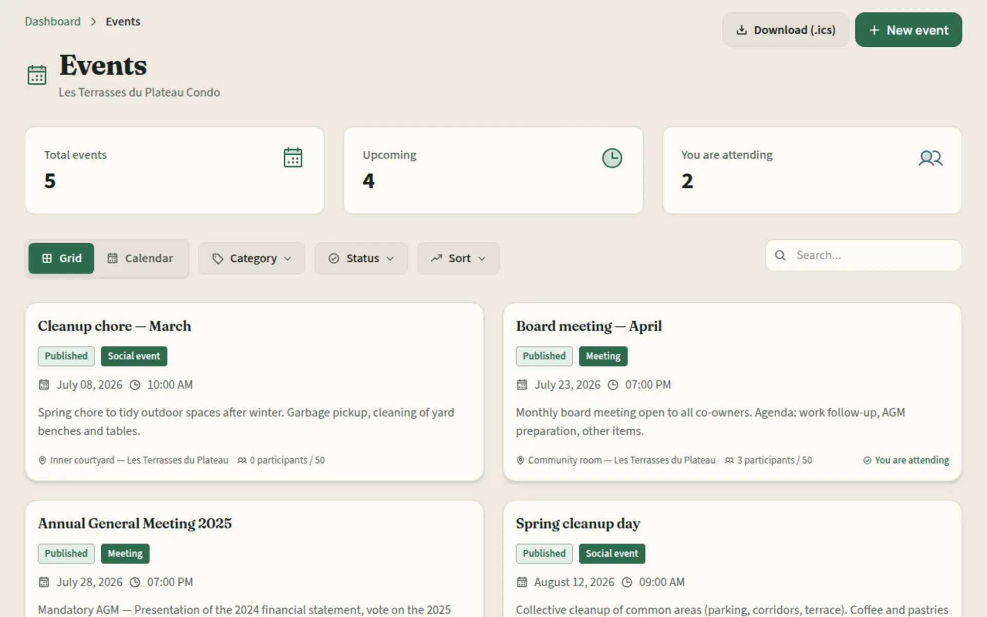 Kohabit unified calendar: events, votes, AGMs, and deadlines