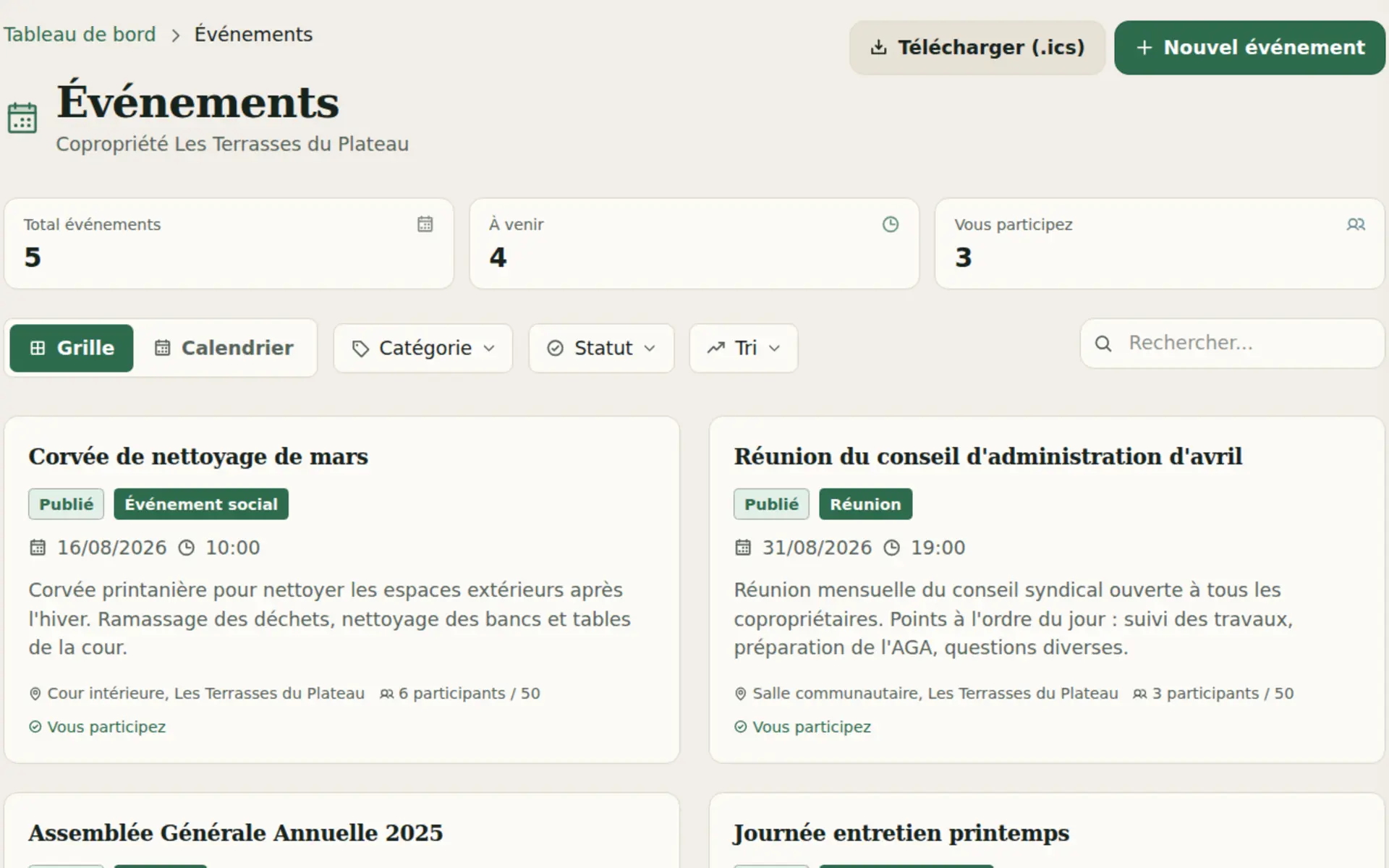 Calendrier unifié Kohabit : événements, votes, assemblées générales et échéances