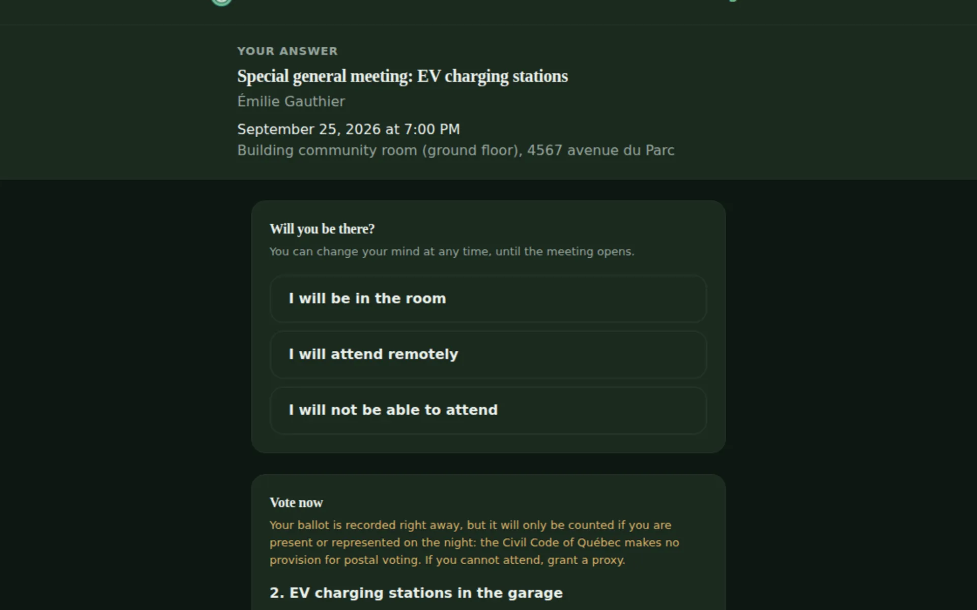 Co-owner invitation page: announce attendance, give a proxy, vote early.