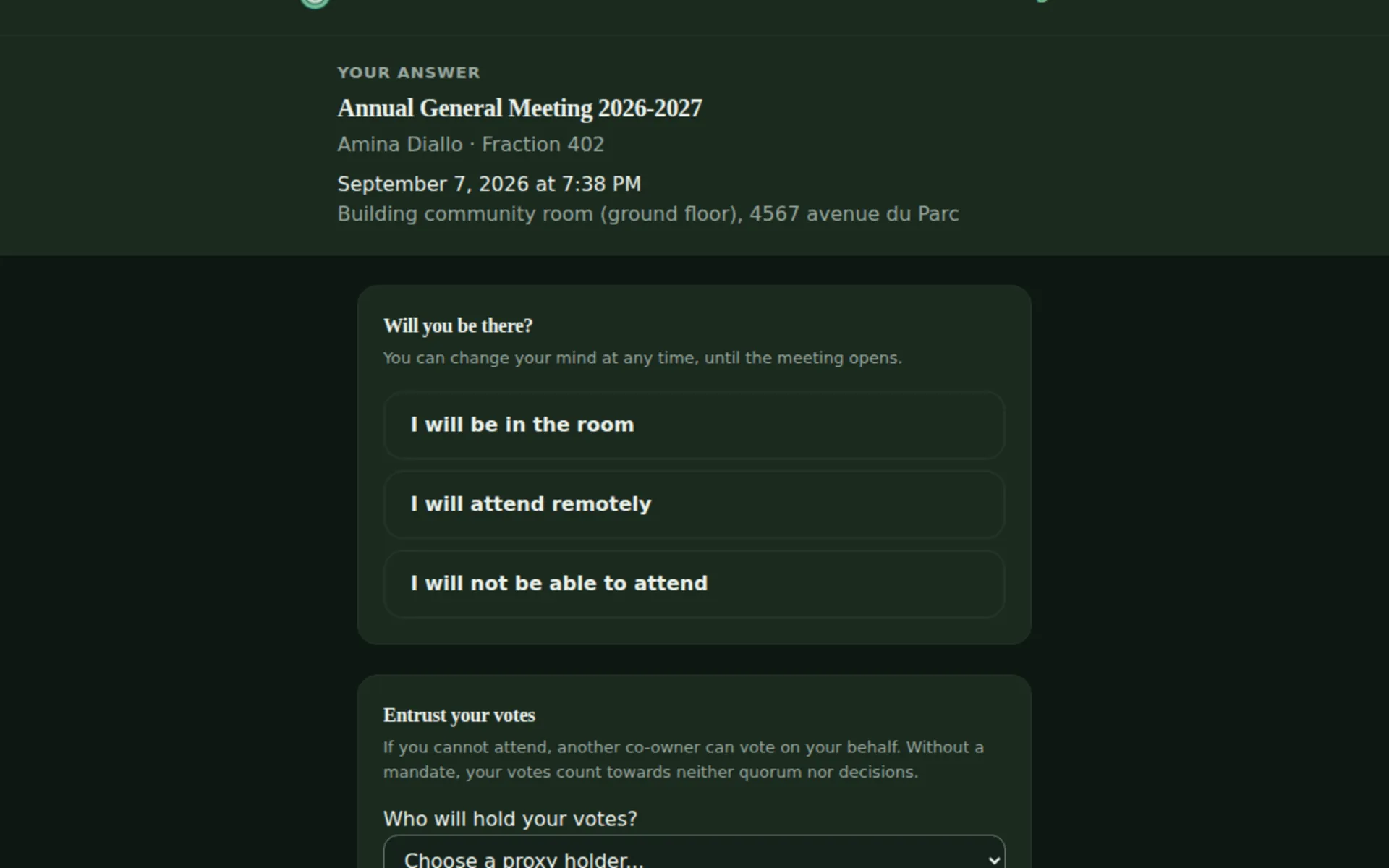 Co-owner invitation page: announce attendance, give a proxy, vote early.