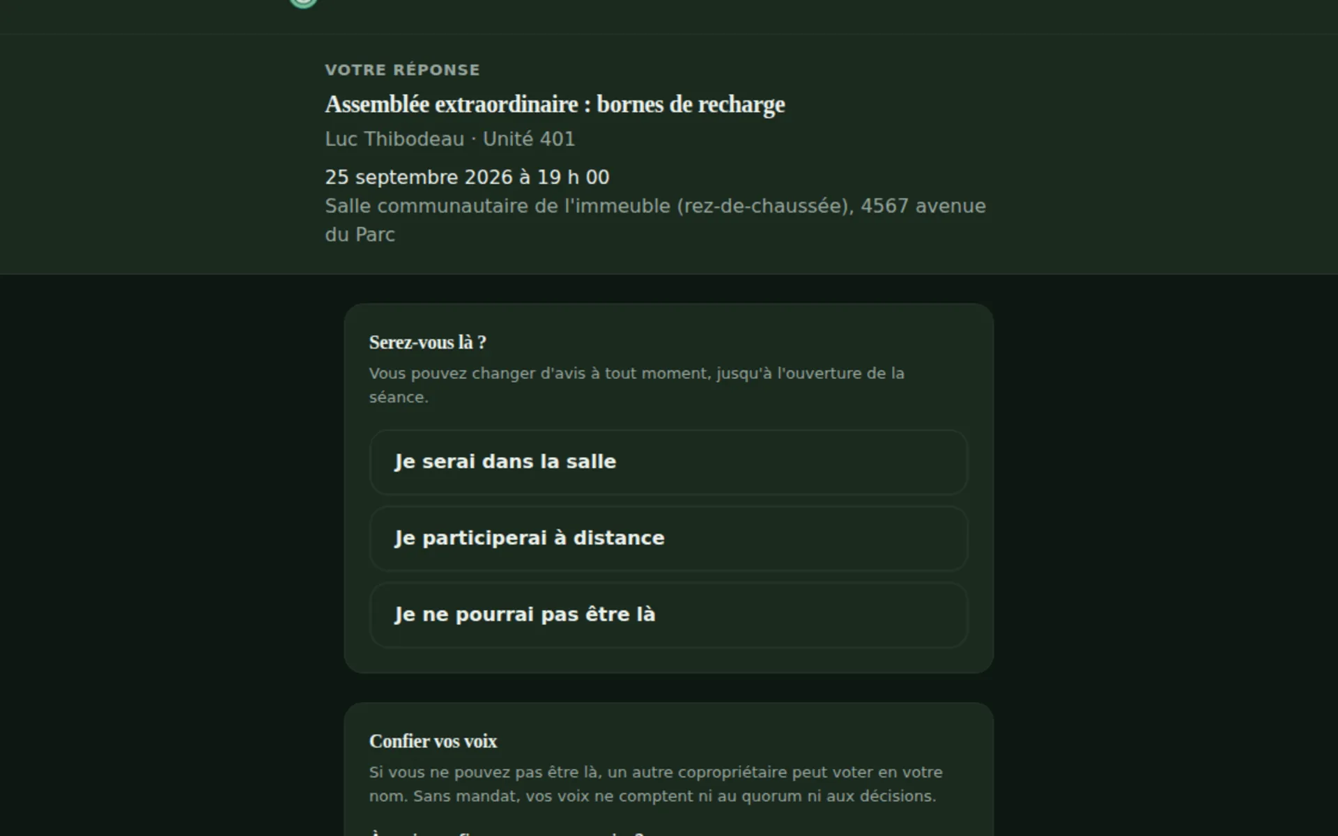 Page d'invitation du copropriétaire : annoncer sa venue, donner procuration, voter par anticipation.