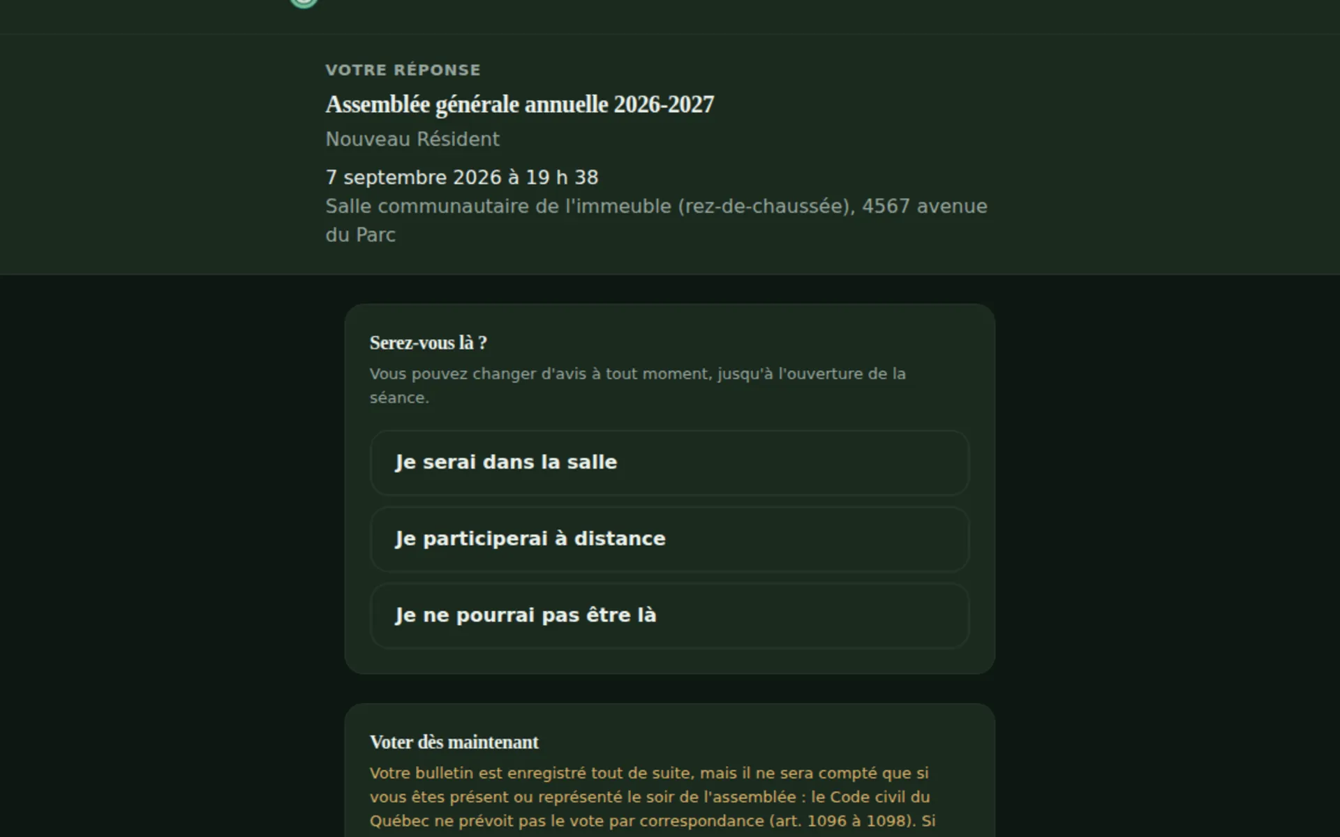 Page d'invitation du copropriétaire : annoncer sa venue, donner procuration, voter par anticipation.