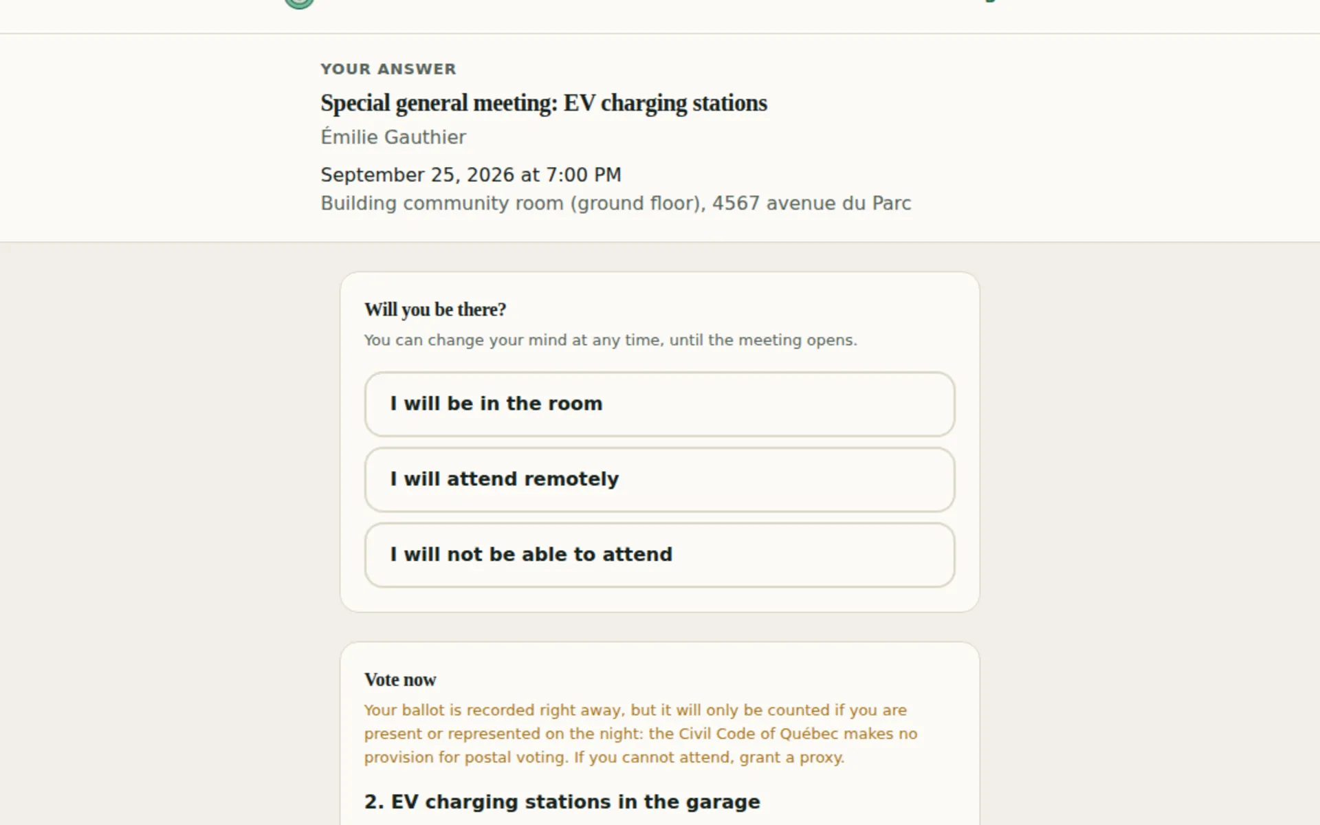 Co-owner invitation page: announce attendance, give a proxy, vote early.