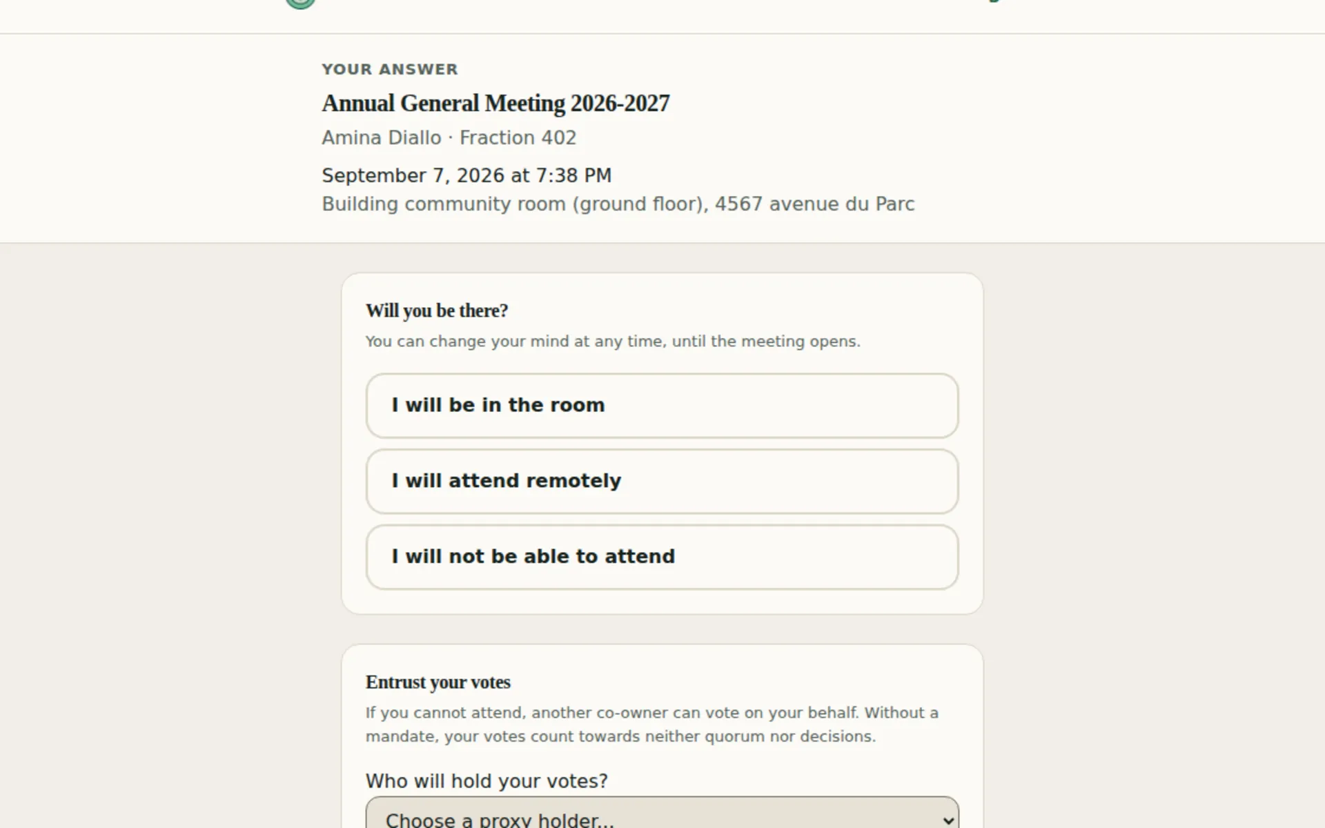 Co-owner invitation page: announce attendance, give a proxy, vote early.