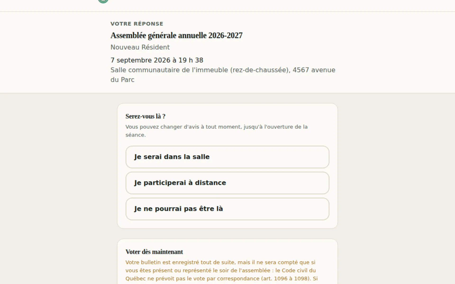 Page d'invitation du copropriétaire : annoncer sa venue, donner procuration, voter par anticipation.
