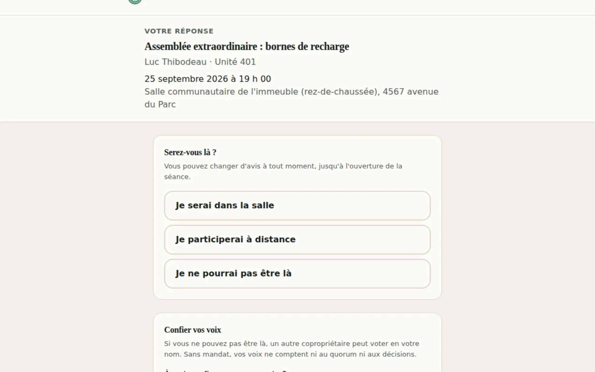 Page d'invitation du copropriétaire : annoncer sa venue, donner procuration, voter par anticipation.