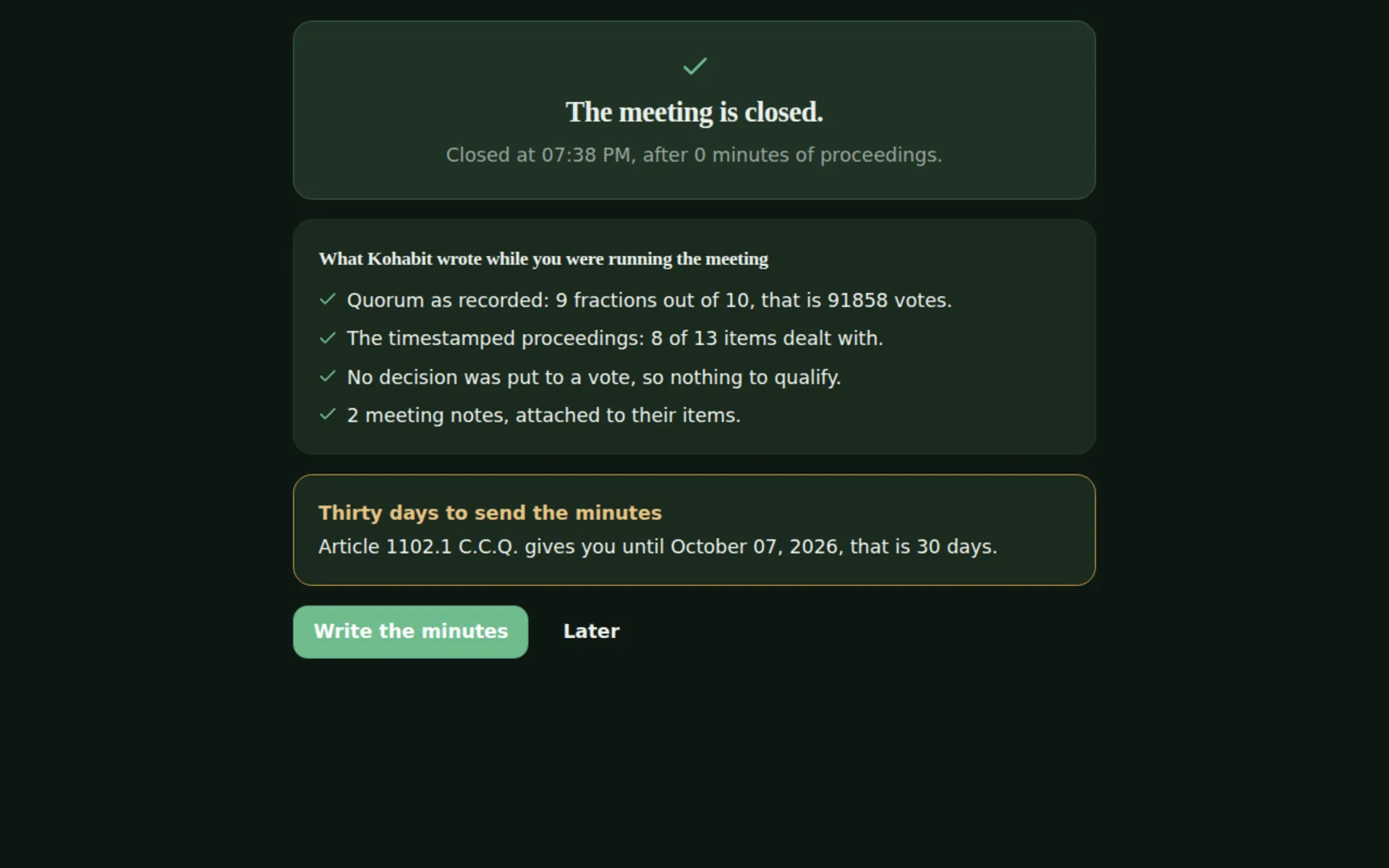 End-of-session screen: what Kohabit recorded, and the deadline to send the minutes.