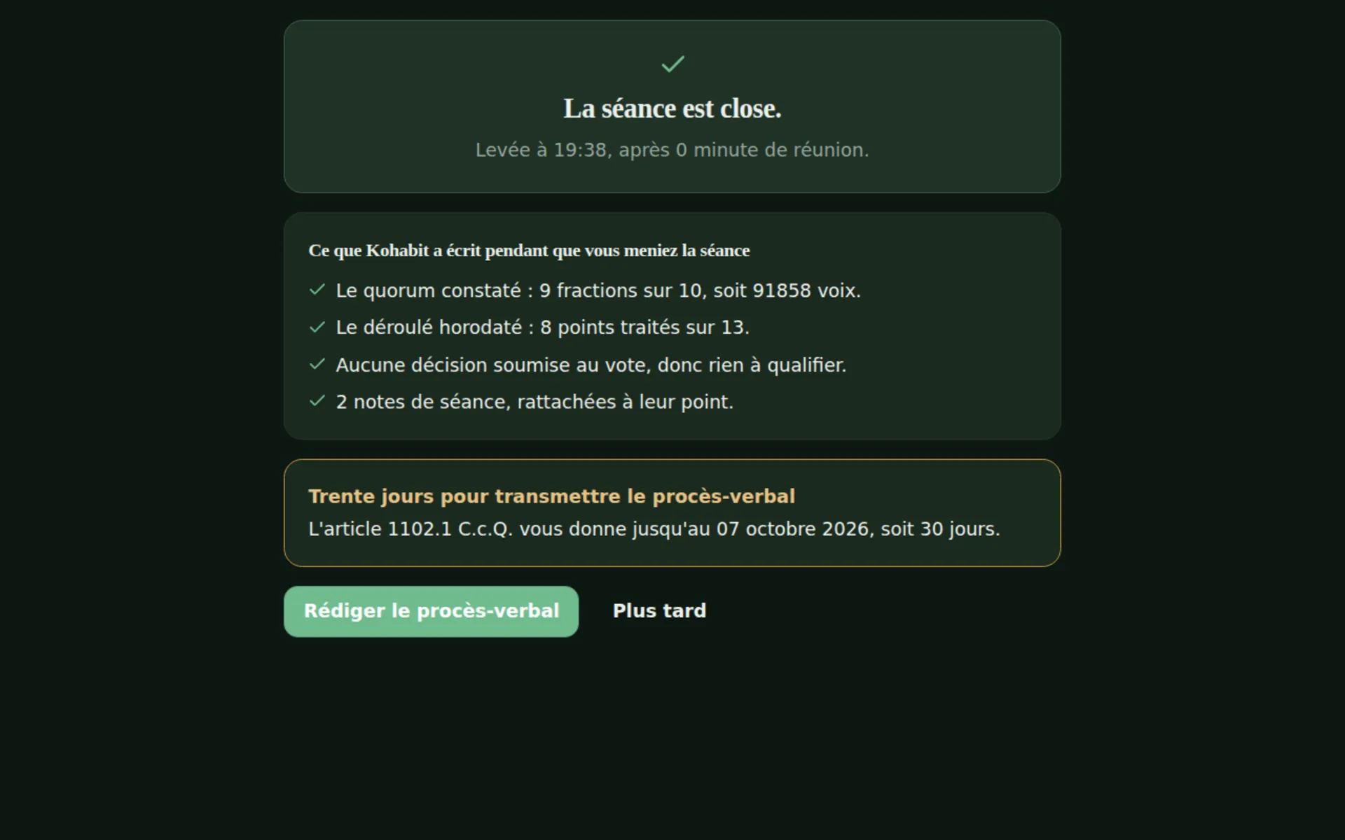 Écran de fin de séance : ce que Kohabit a consigné, et le délai pour transmettre le procès-verbal.