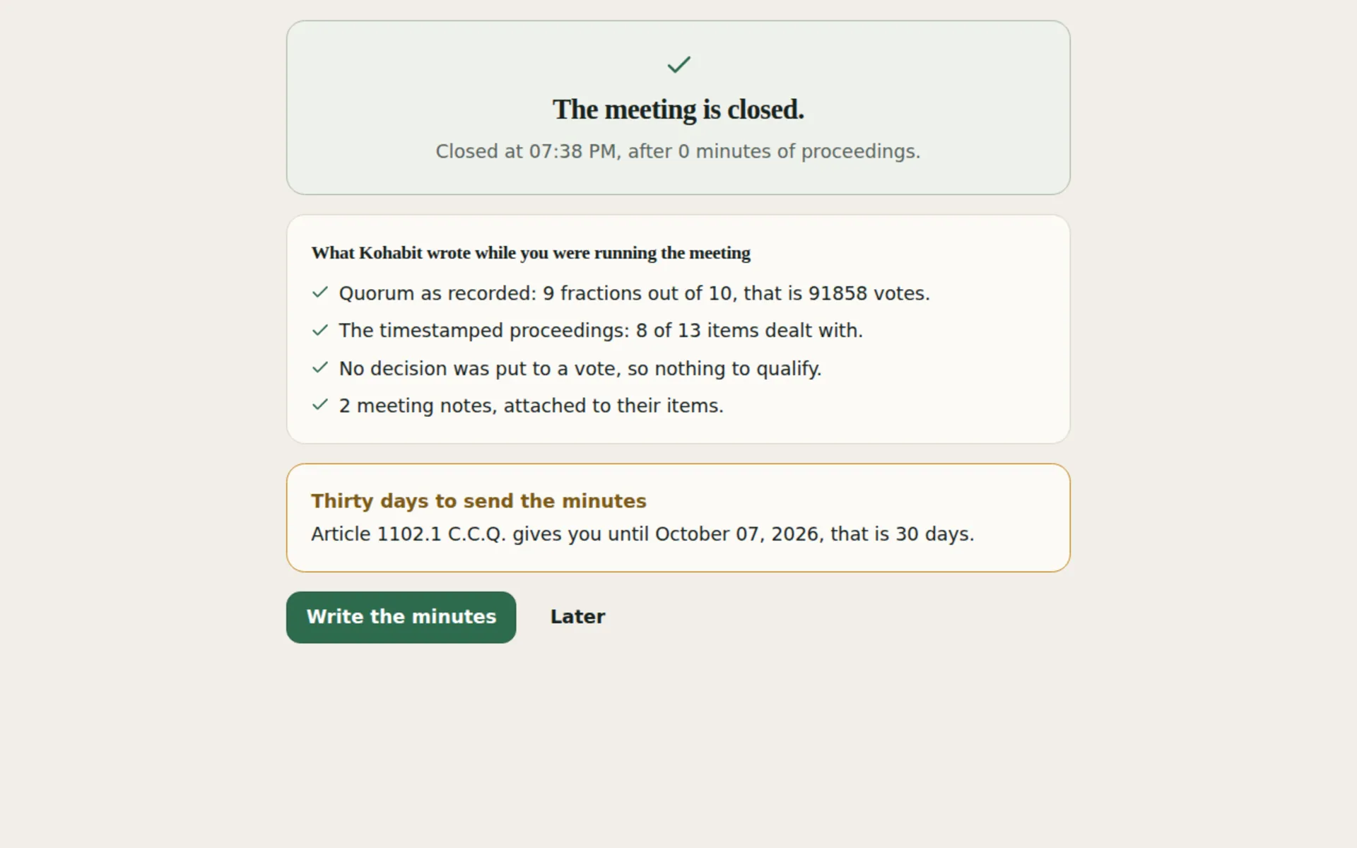 End-of-session screen: what Kohabit recorded, and the deadline to send the minutes.