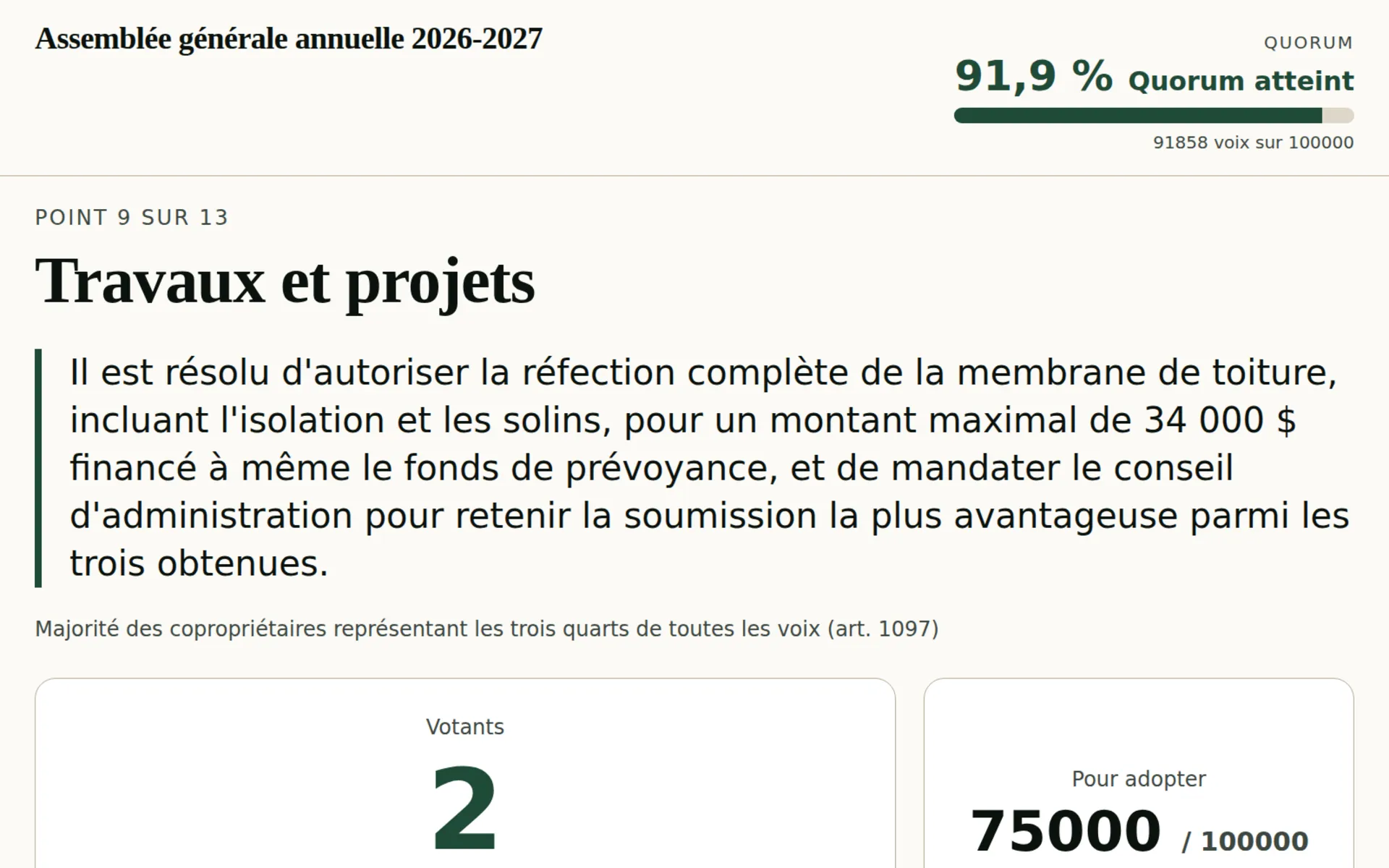 Écran projeté dans la salle : la résolution en cours, la majorité applicable et le décompte pondéré.
