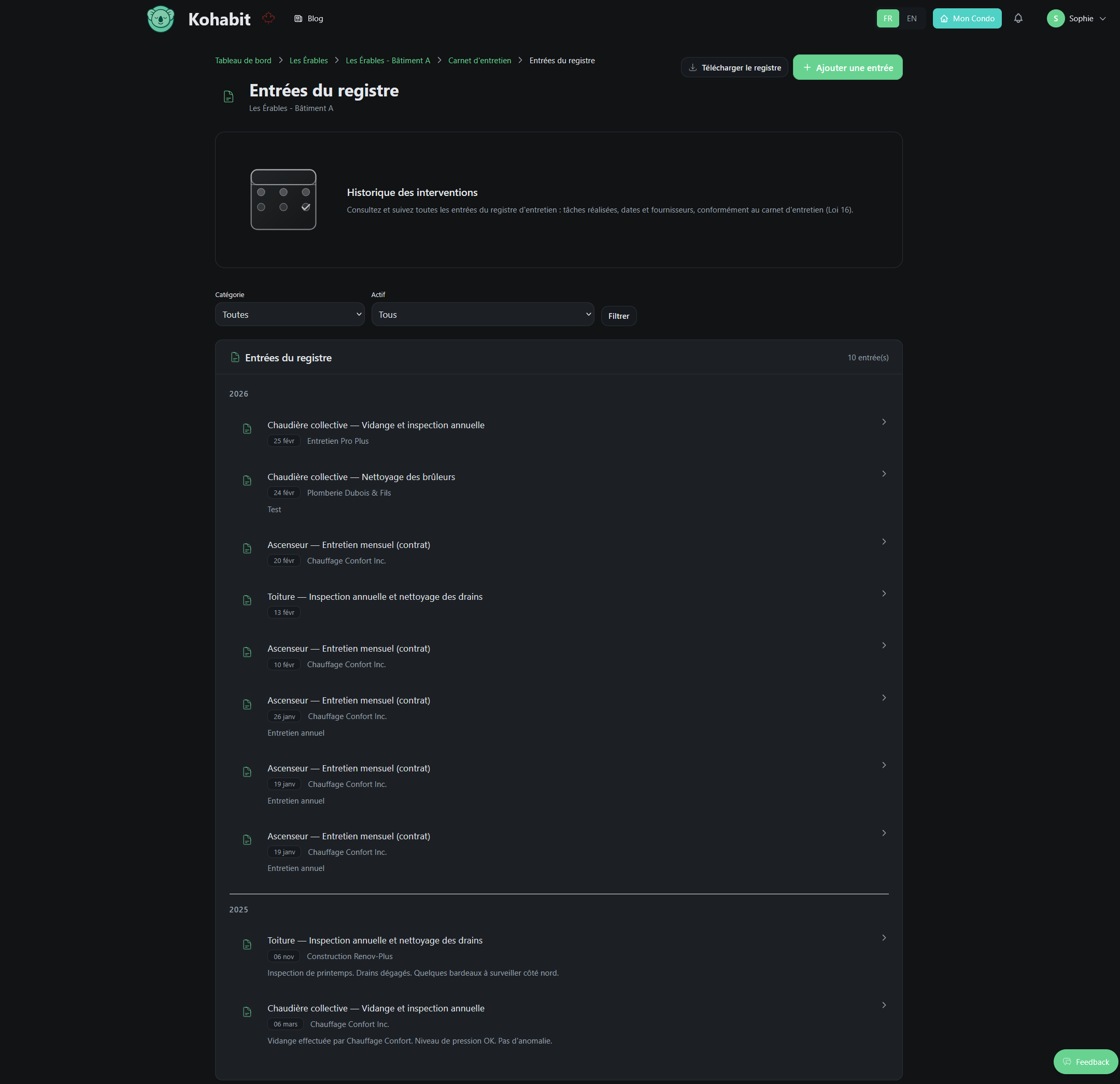 Kohabit maintenance log — Bill 16 compliance