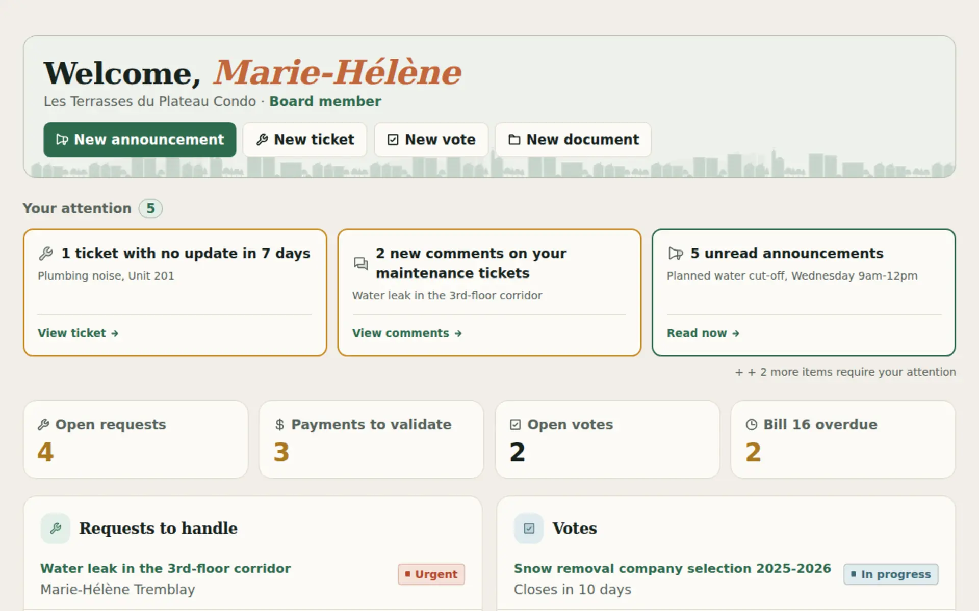 Kohabit dashboard, overview of announcements, tickets, votes