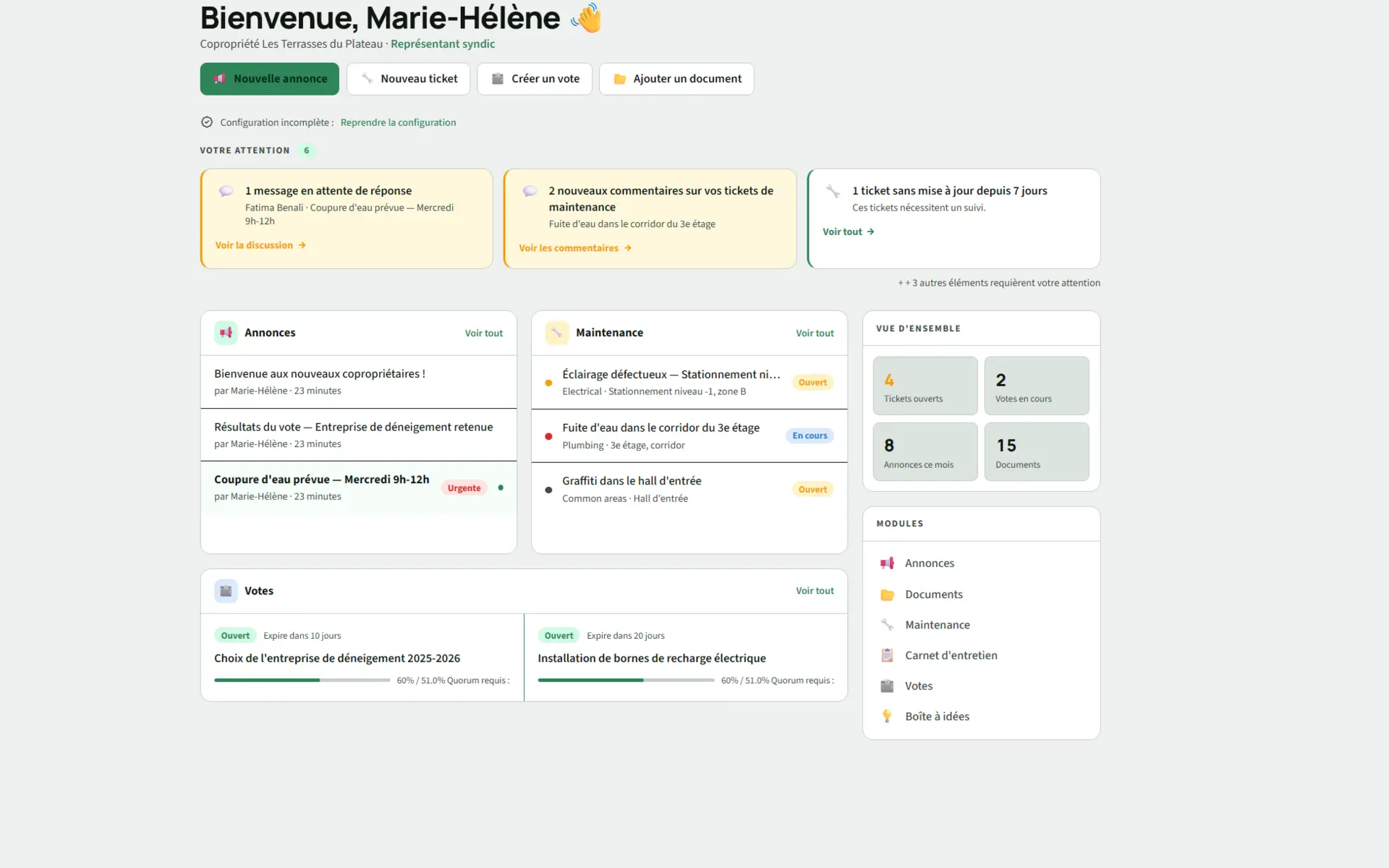 Tableau de bord Kohabit, vue d'ensemble annonces, tickets, votes