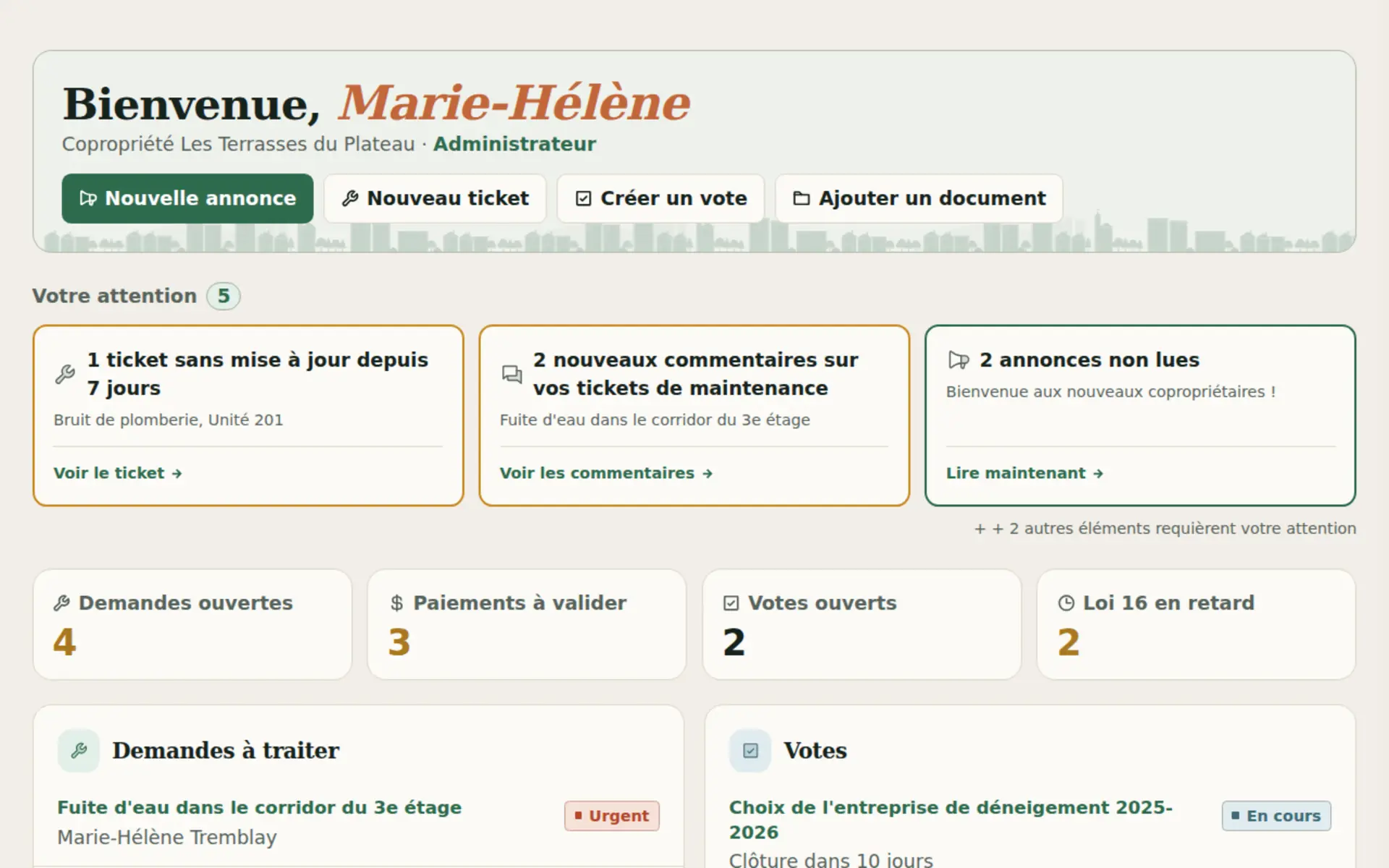 Tableau de bord Kohabit, vue d'ensemble annonces, tickets, votes