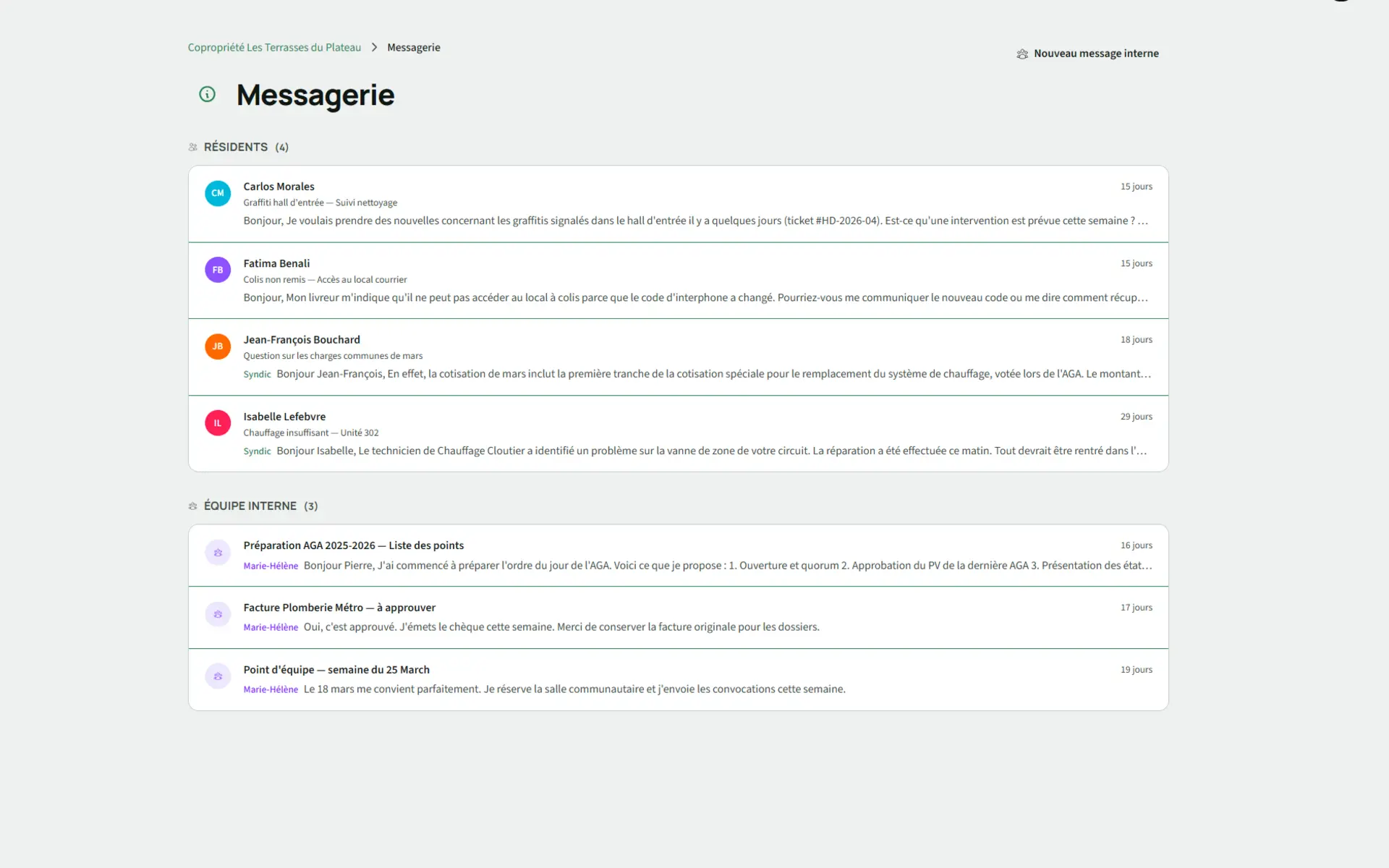 Messagerie Kohabit entre résidents et syndic