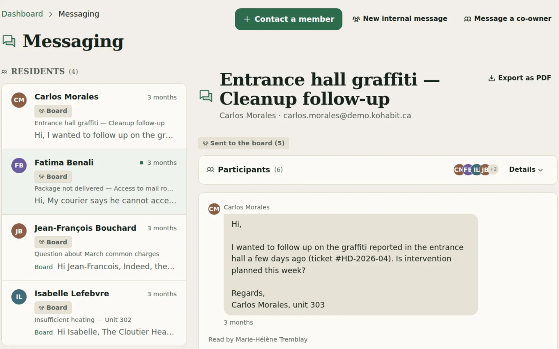 Kohabit messaging between residents and board
