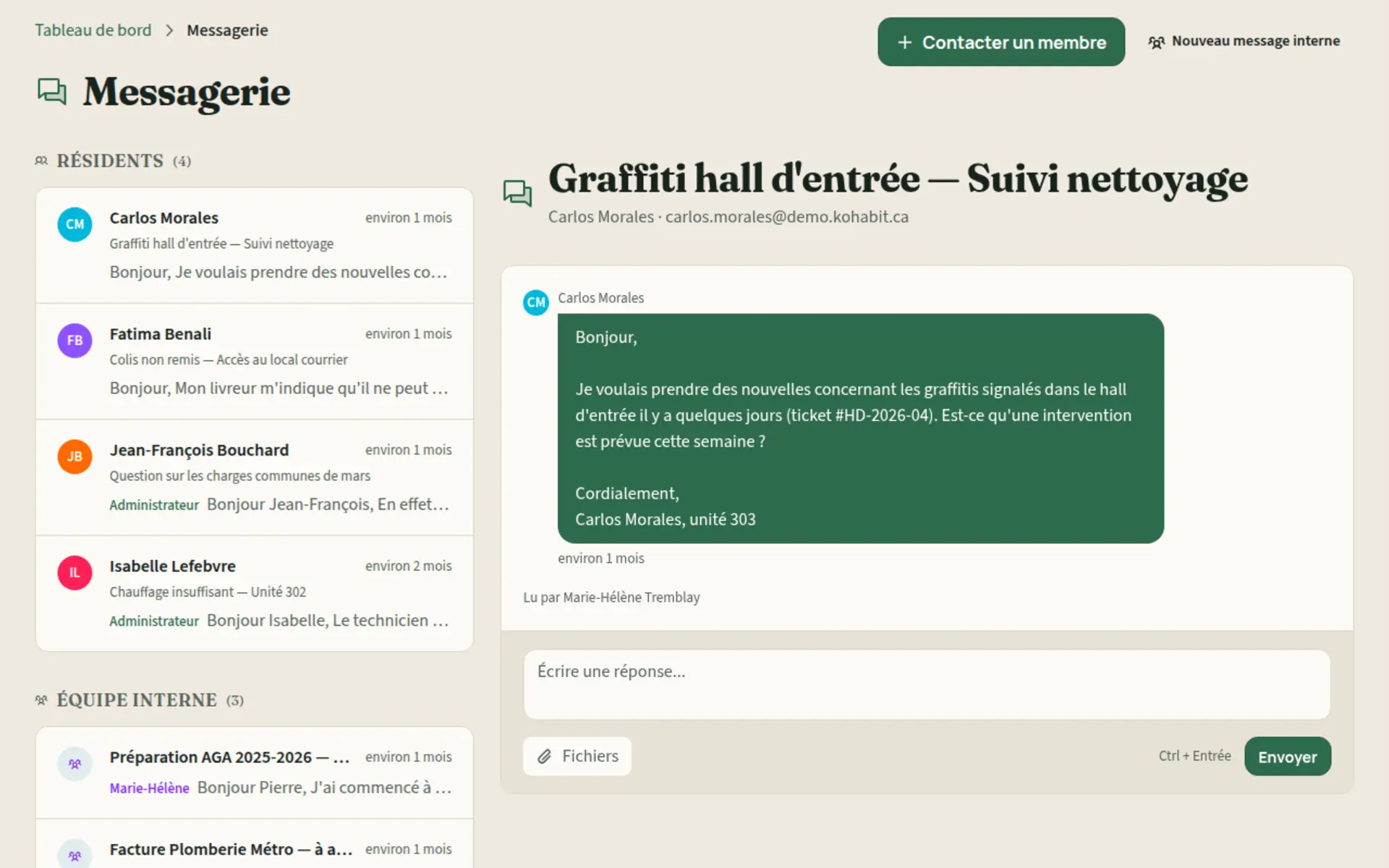 Messagerie Kohabit entre résidents et administrateurs