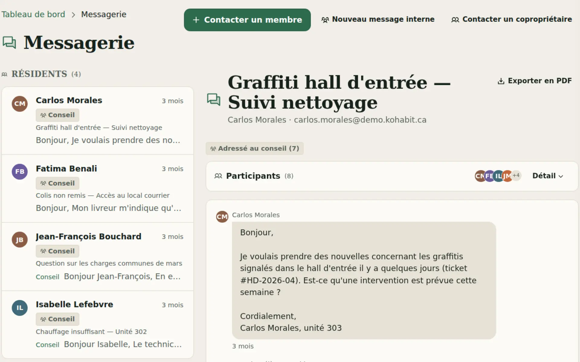 Messagerie Kohabit entre résidents et administrateurs