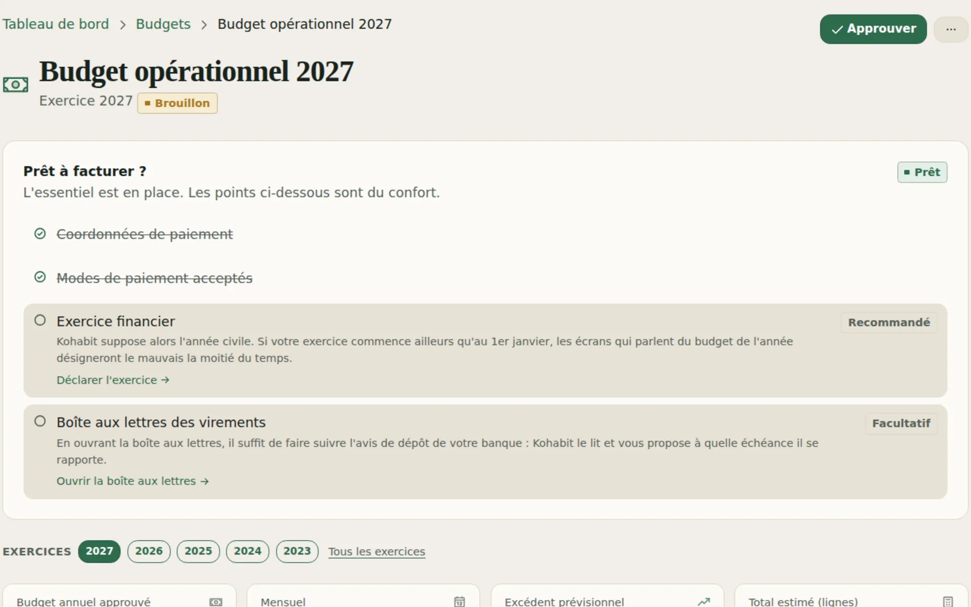 Module budget et fonds de prévoyance Kohabit : suivi des contributions, état du fonds et projections.