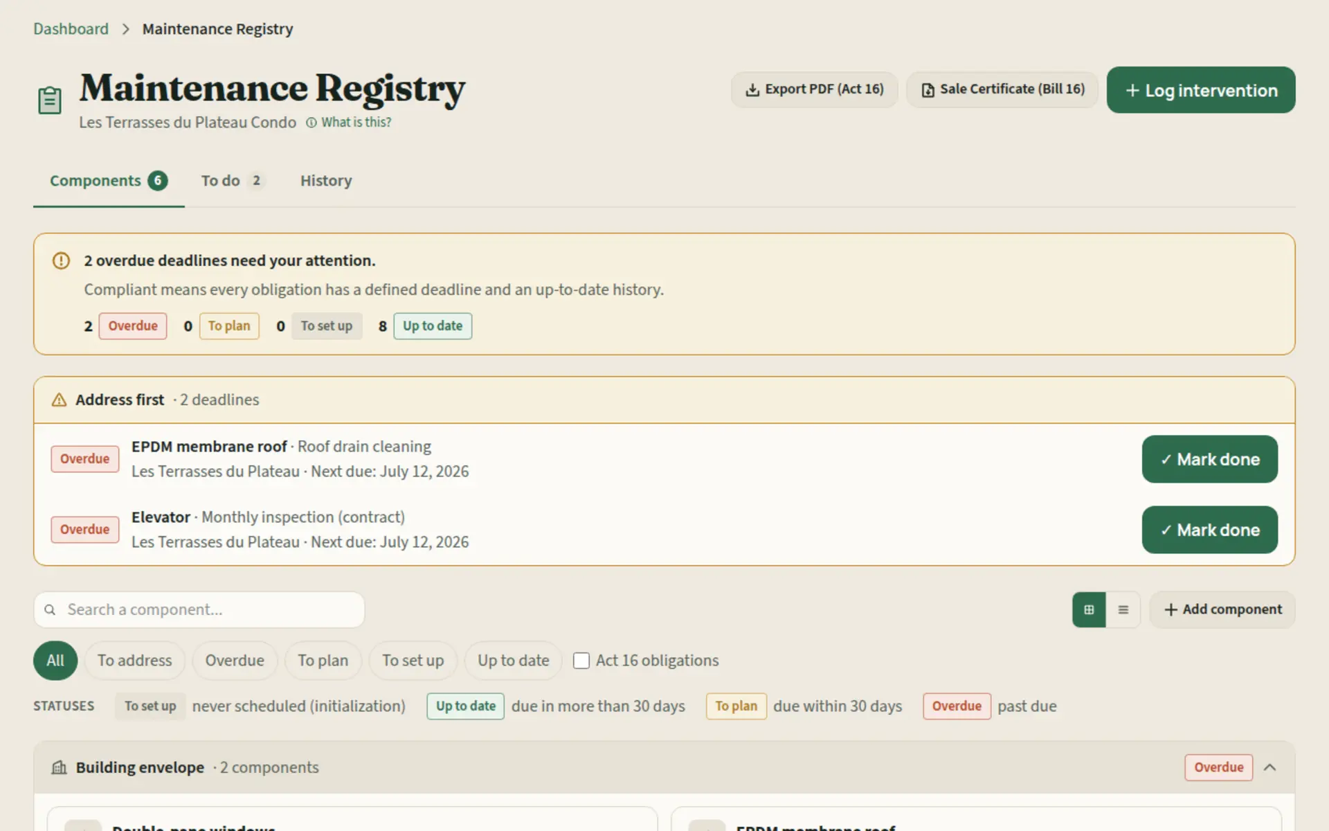 Kohabit Bill 16 maintenance log module: asset inventory with condition, useful life, and maintenance schedule.