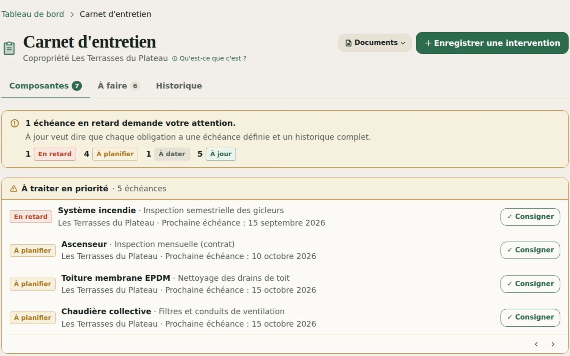 Module carnet d'entretien de Kohabit pour la Loi 16 : inventaire des actifs avec état, durée de vie utile et planning d'entretien.
